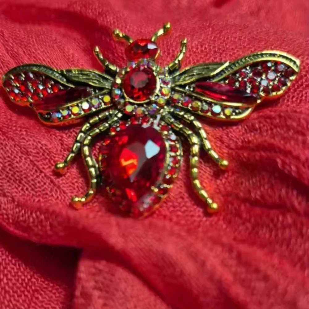 Vintage Red Crystal Bee Brooch